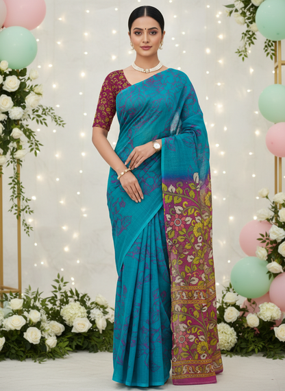 Woman wearing a blue saree with a floral pattern in front of decorated flowers and balloons.