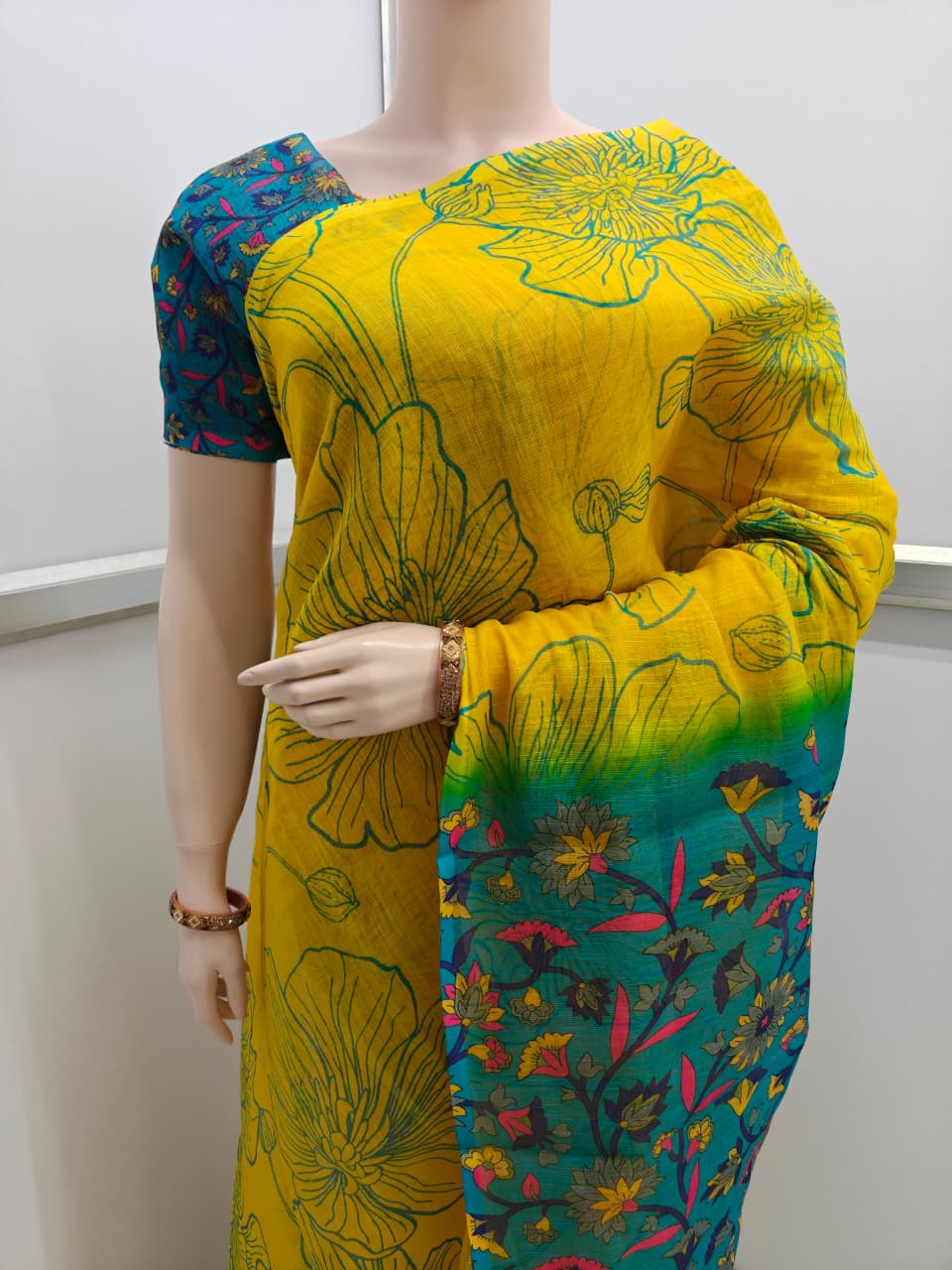 Lightweight Linen Cotton Saree for office and daily wear – soft breathable fabric-yellow