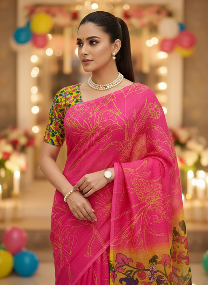 Woman in a pink saree with a colorful blouse, standing in a decorated indoor setting-Soft linen cotton saree with simple classy drape – everyday ethnic wear