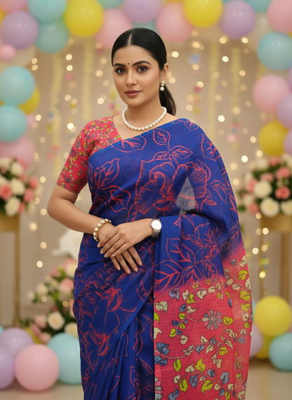 Woman in a blue and pink saree with colorful balloons and decorations in the background-Soft linen cotton saree with simple classy drape – everyday ethnic wear
