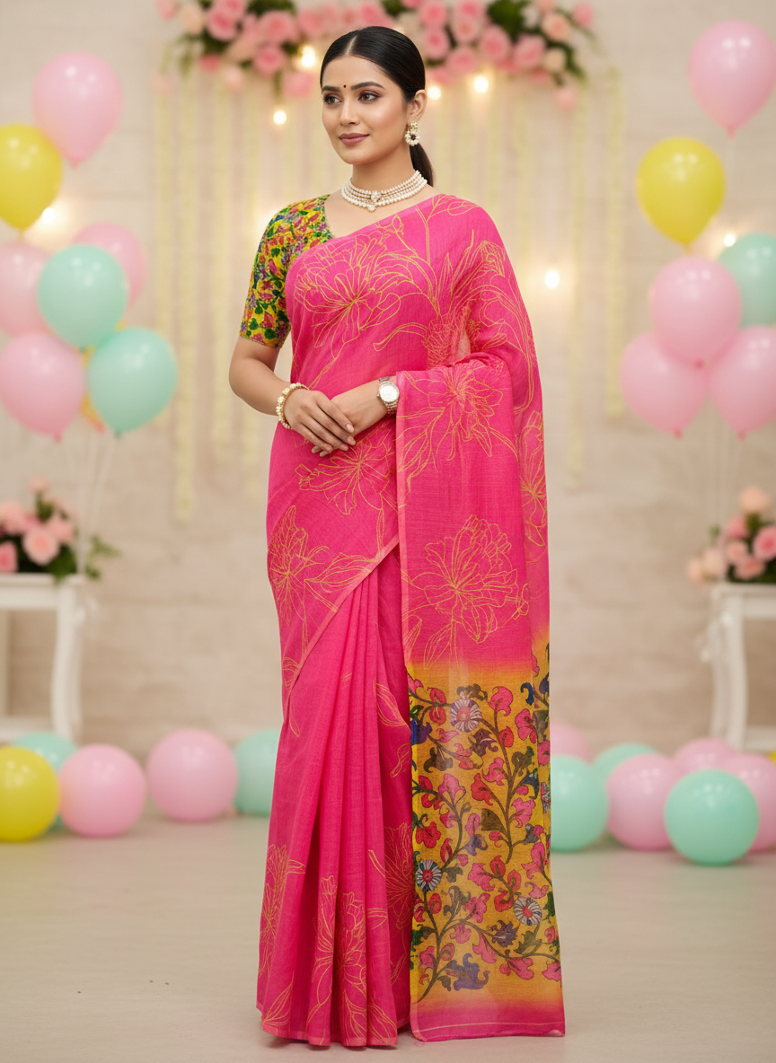 Soft linen cotton saree with simple classy drape – everyday ethnic wear-Woman wearing a pink saree with floral patterns in a decorated room with balloons.