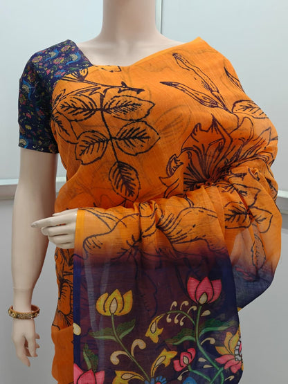 Soft linen cotton saree with simple classy drape – everyday ethnic wear-orange