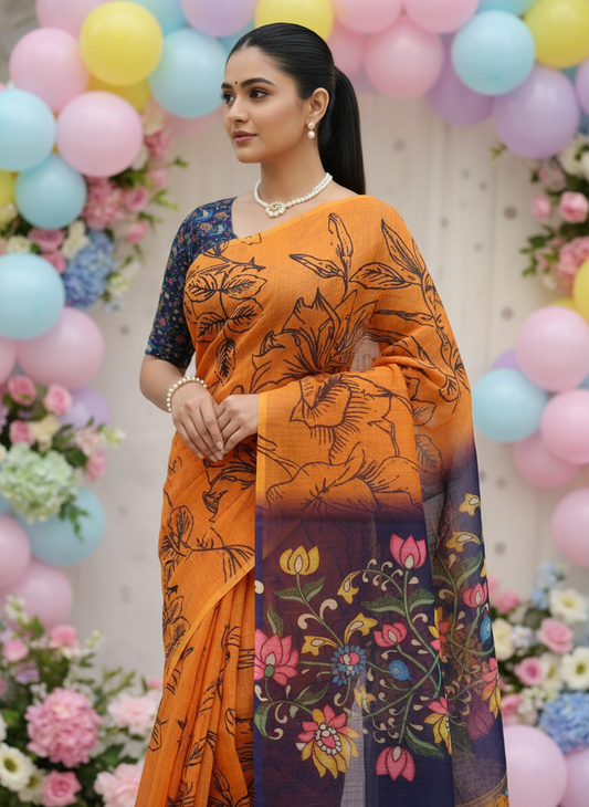 Soft linen cotton saree with simple classy drape – everyday ethnic wear-Woman in an orange and blue saree with floral patterns, surrounded by colorful balloons and flowers.