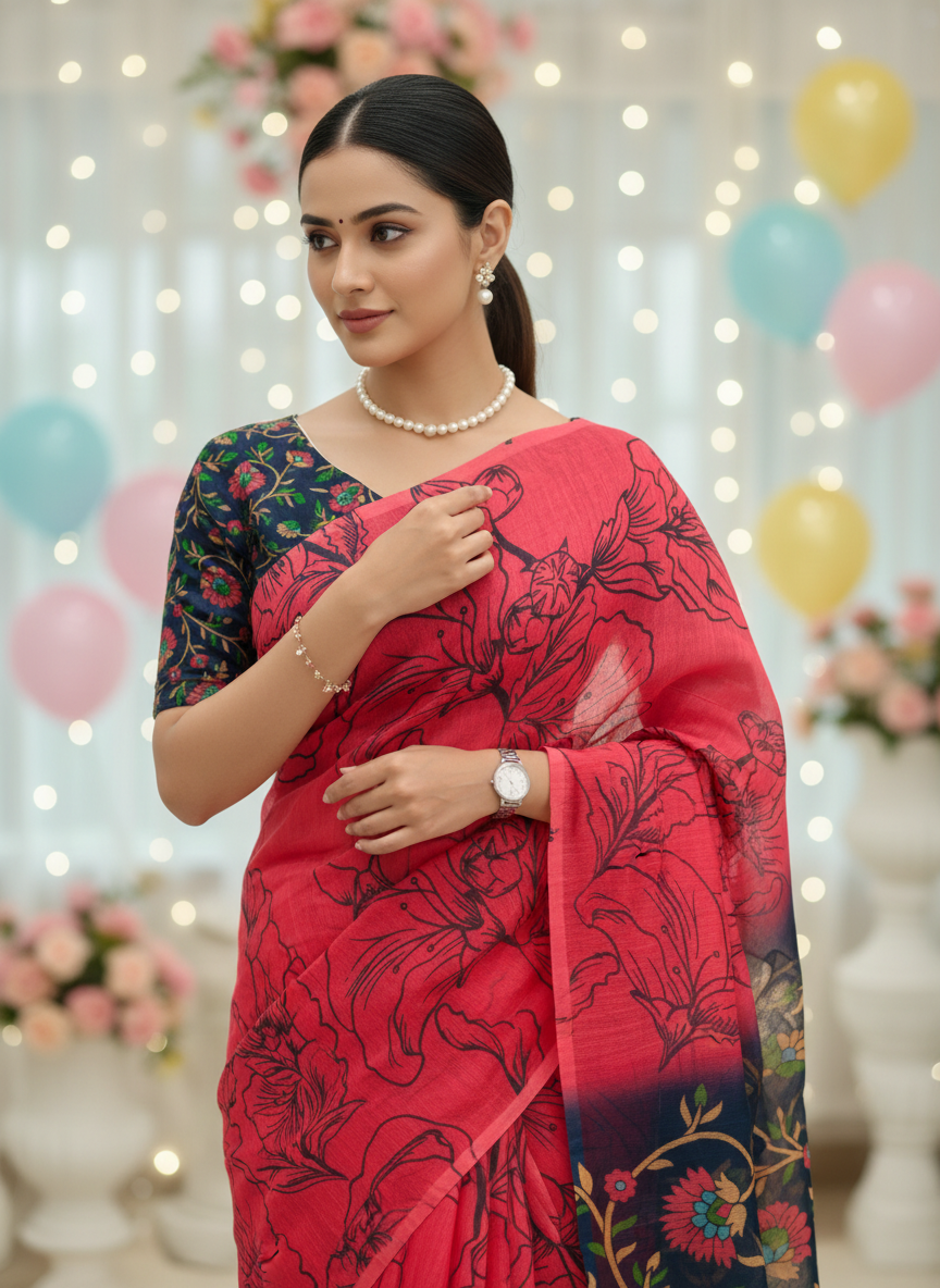 Soft linen cotton saree with simple classy drape – everyday ethnic wear-Woman in a red saree with floral patterns against a festive background with balloons and lights.