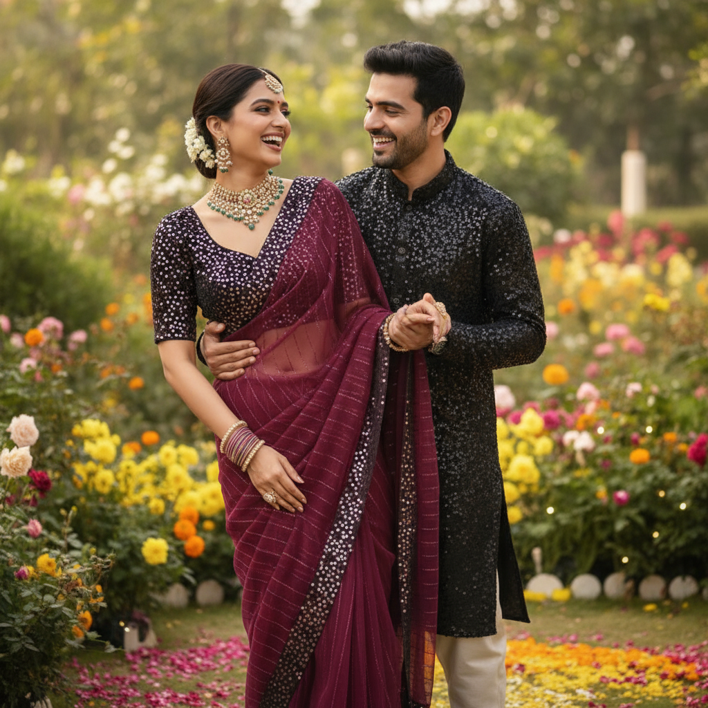 Couple in traditional attire standing in a garden with colorful flowers