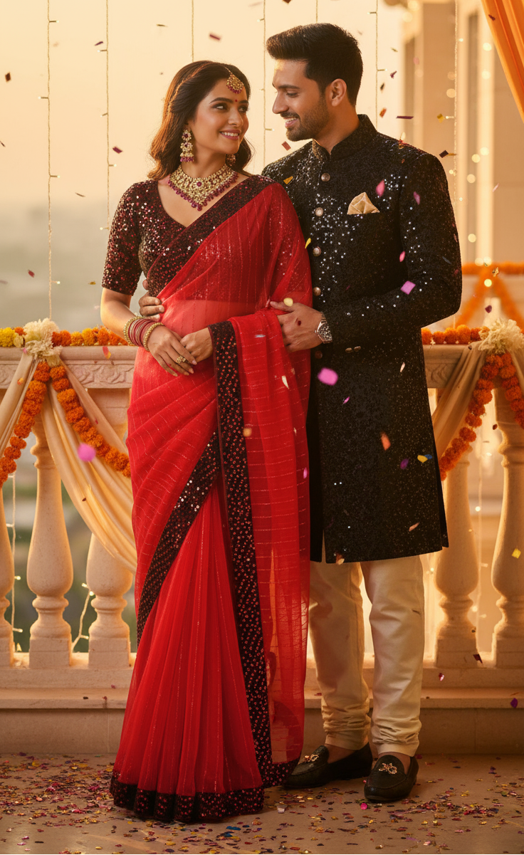 Couple in traditional attire standing together with a decorative background