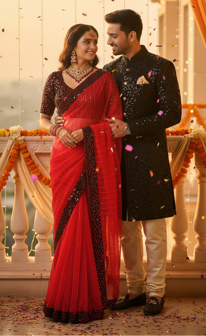 Couple in traditional attire standing together with a decorative background
