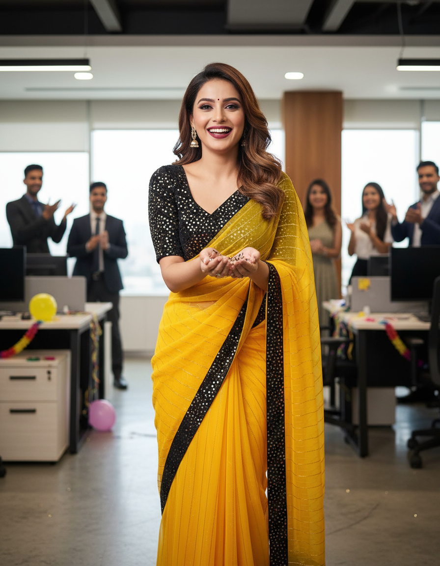 Woman in a yellow saree with black border in an office setting