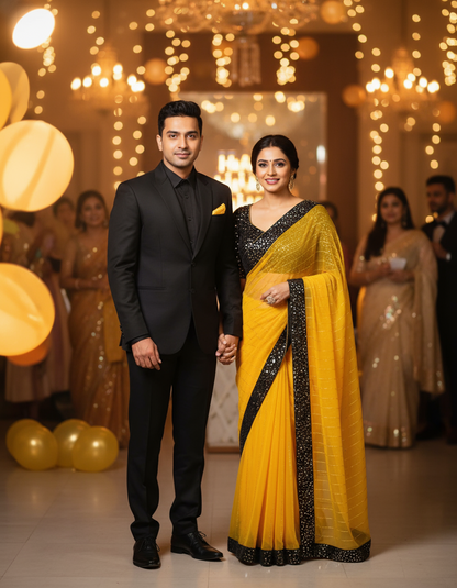 Man in black suit and woman in yellow saree holding hands in a festive setting with lights and balloons.