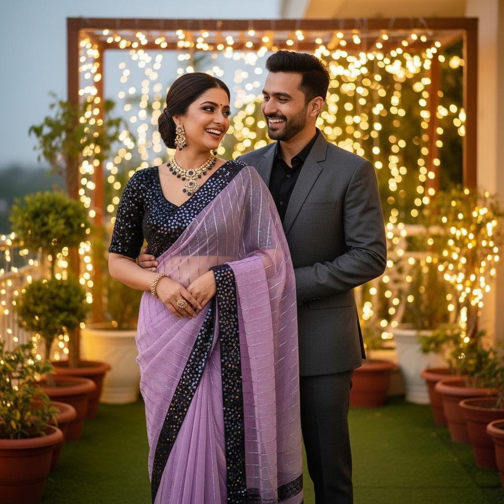 Man and woman standing together in front of a decorated outdoor setting with lights and plants.
