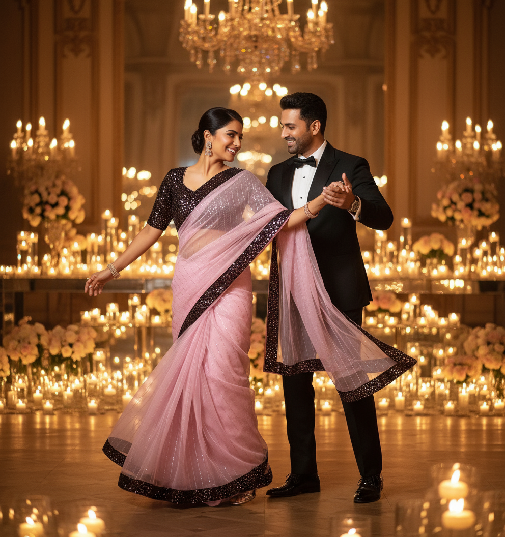Man and woman in formal attire dancing in a lavishly decorated room with chandeliers and candles.