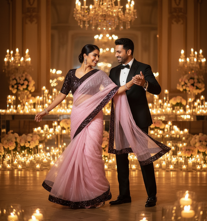 Man and woman in formal attire dancing in a lavishly decorated room with chandeliers and candles.