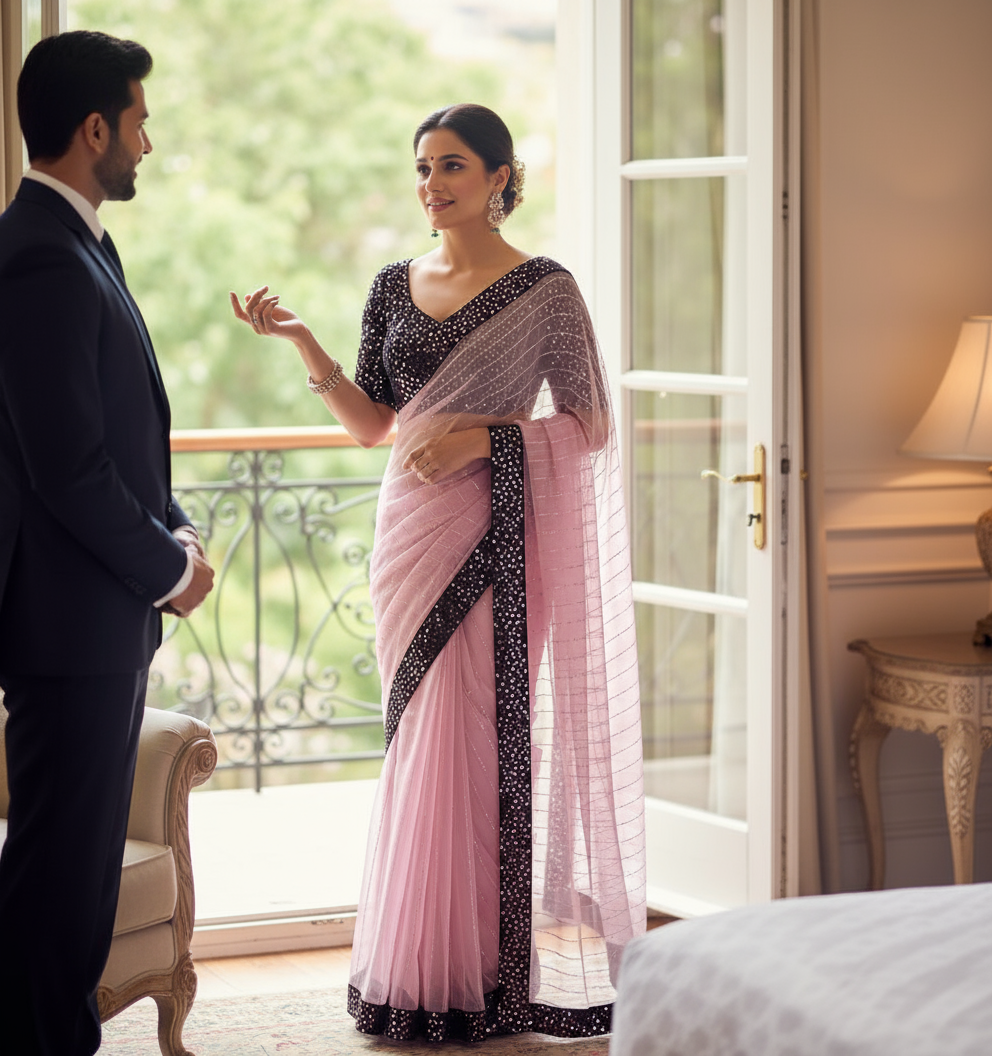 Woman in a pink saree with a man in a suit standing in a room with large windows.