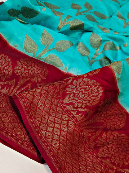 Banarasi Daybal Semi Doupin Soft Silk Saree with all-over buta-weaving - rich pallu design-sky