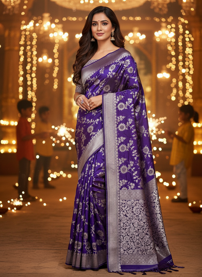 Banarasi Katan Dyeble Dupion Meenakari Jaal Silk Saree with Dual Zari Weaves-royal blue-model