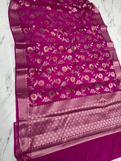 Banarasi Katan Dyeble Dupion Meenakari Jaal Silk Saree with Dual Zari Weaves-pink