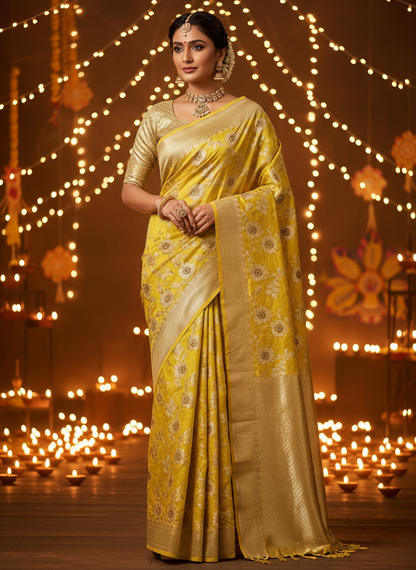 Banarasi Katan Dyeble Dupion Meenakari Jaal Silk Saree with Dual Zari Weaves-yellow col-model