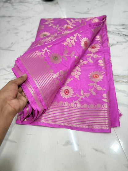 Banarasi Katan Dyeble Dupion Meenakari Jaal Silk Saree with Dual Zari Weaves-bypink