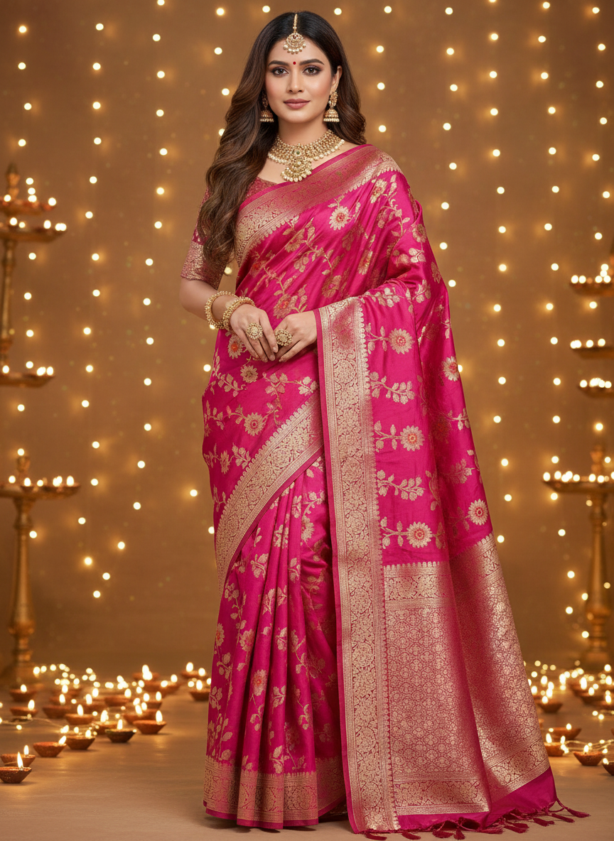 Woman in a pink saree with gold patterns against a decorative background