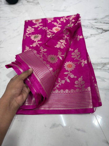 Banarasi Katan Dyeble Dupion Meenakari Jaal Silk Saree with Dual Zari Weaves-pinkk