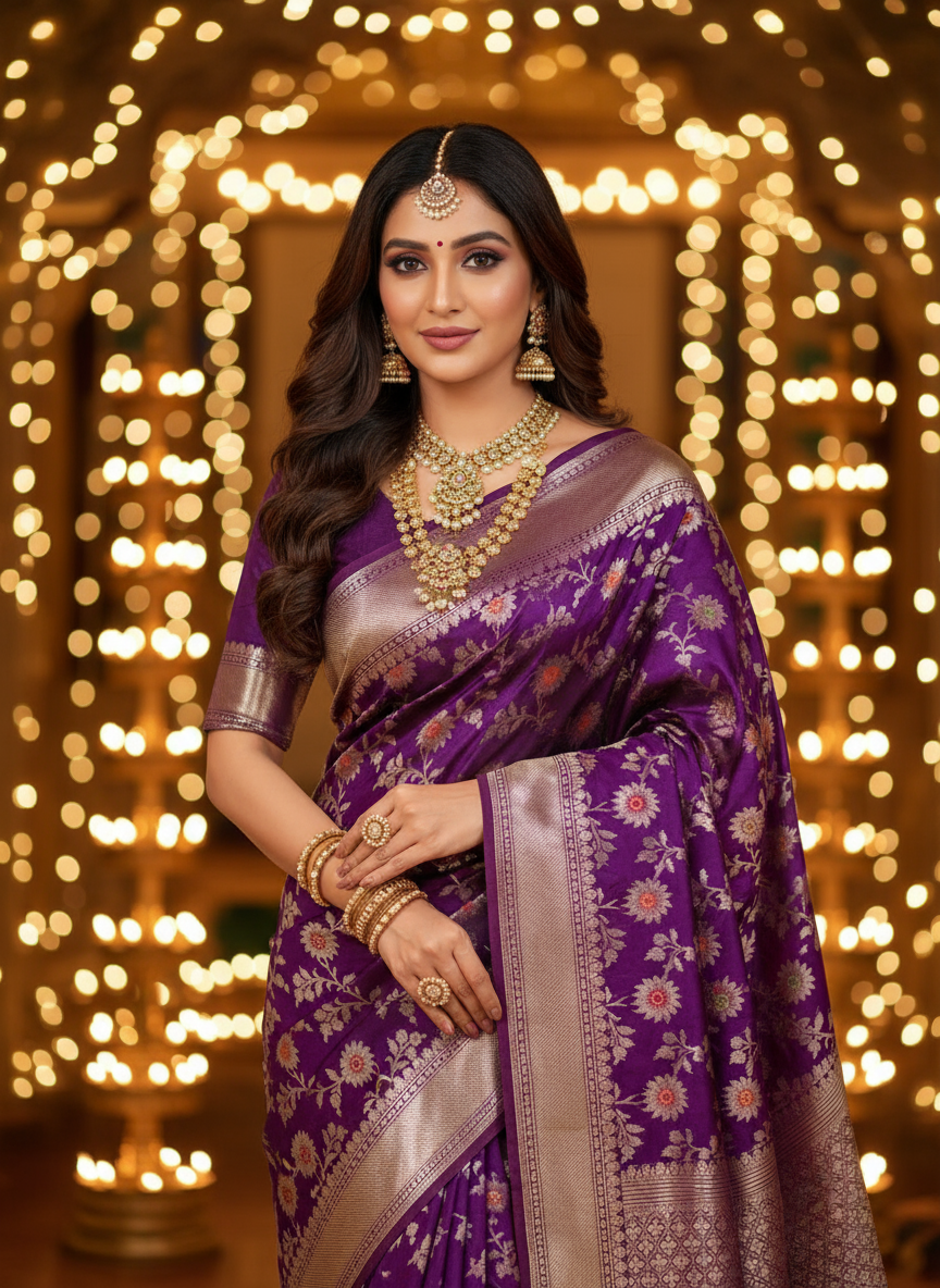 Woman in a purple saree with gold jewelry against a decorated background