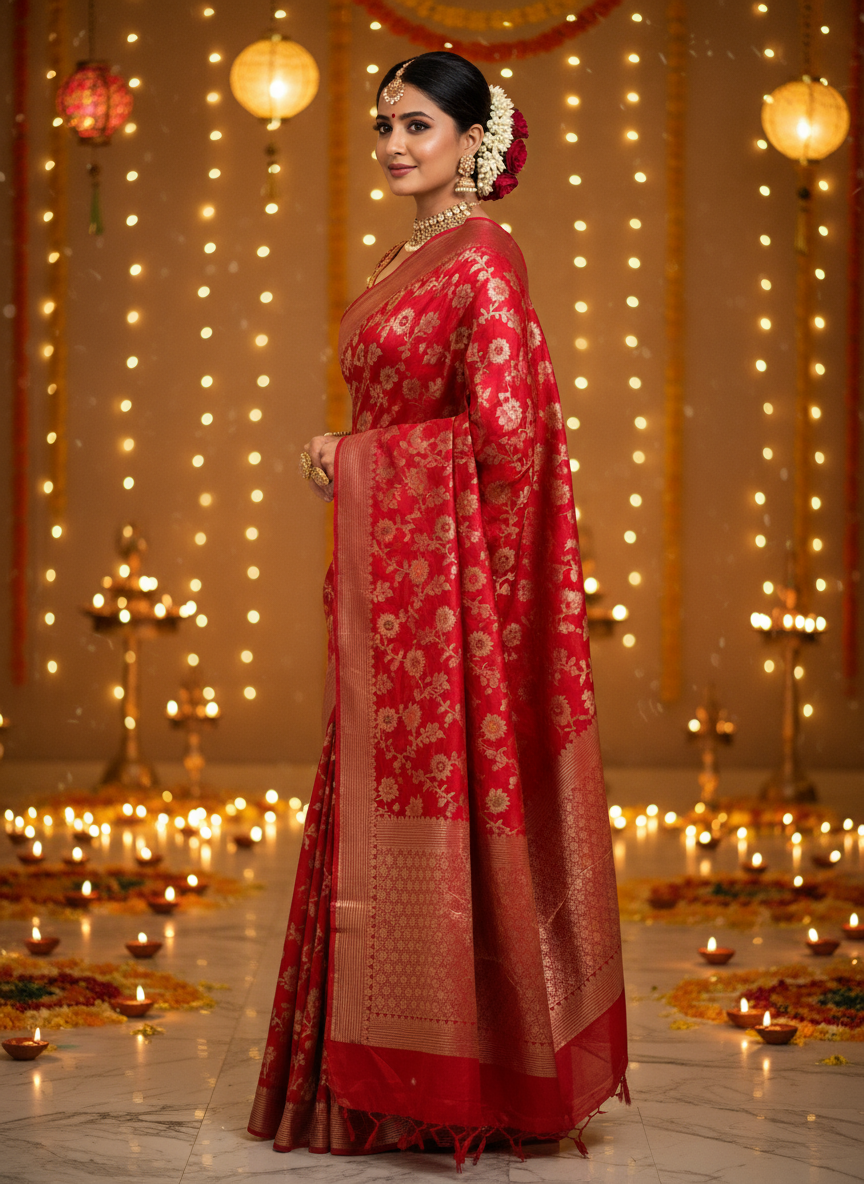 Banarasi Katan Dyeble Dupion Meenakari Jaal Silk Saree with Dual Zari Weaves-red-model