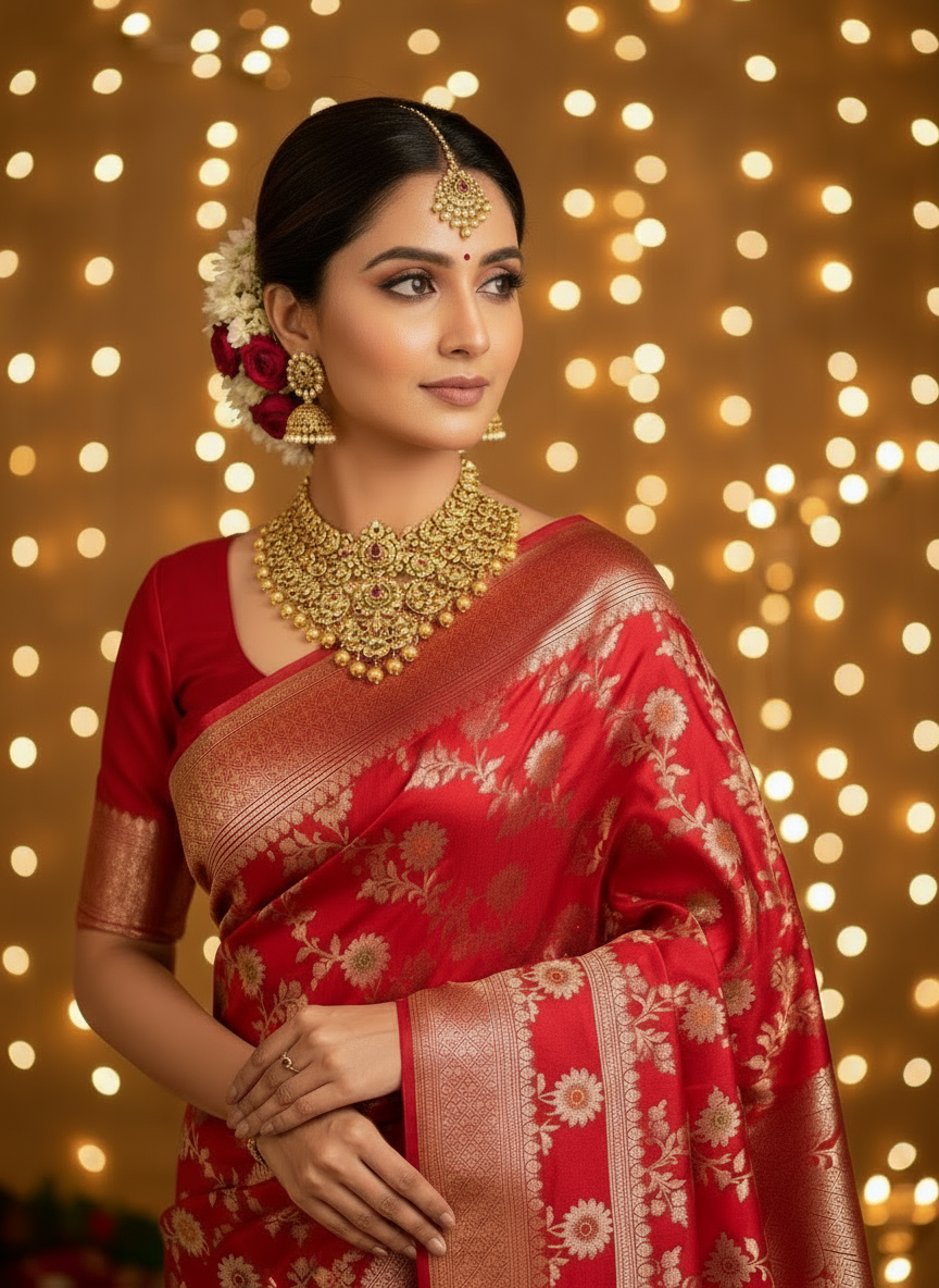 Banarasi Katan Dyeble Dupion Meenakari Jaal Silk Saree with Dual Zari Weaves-red-model