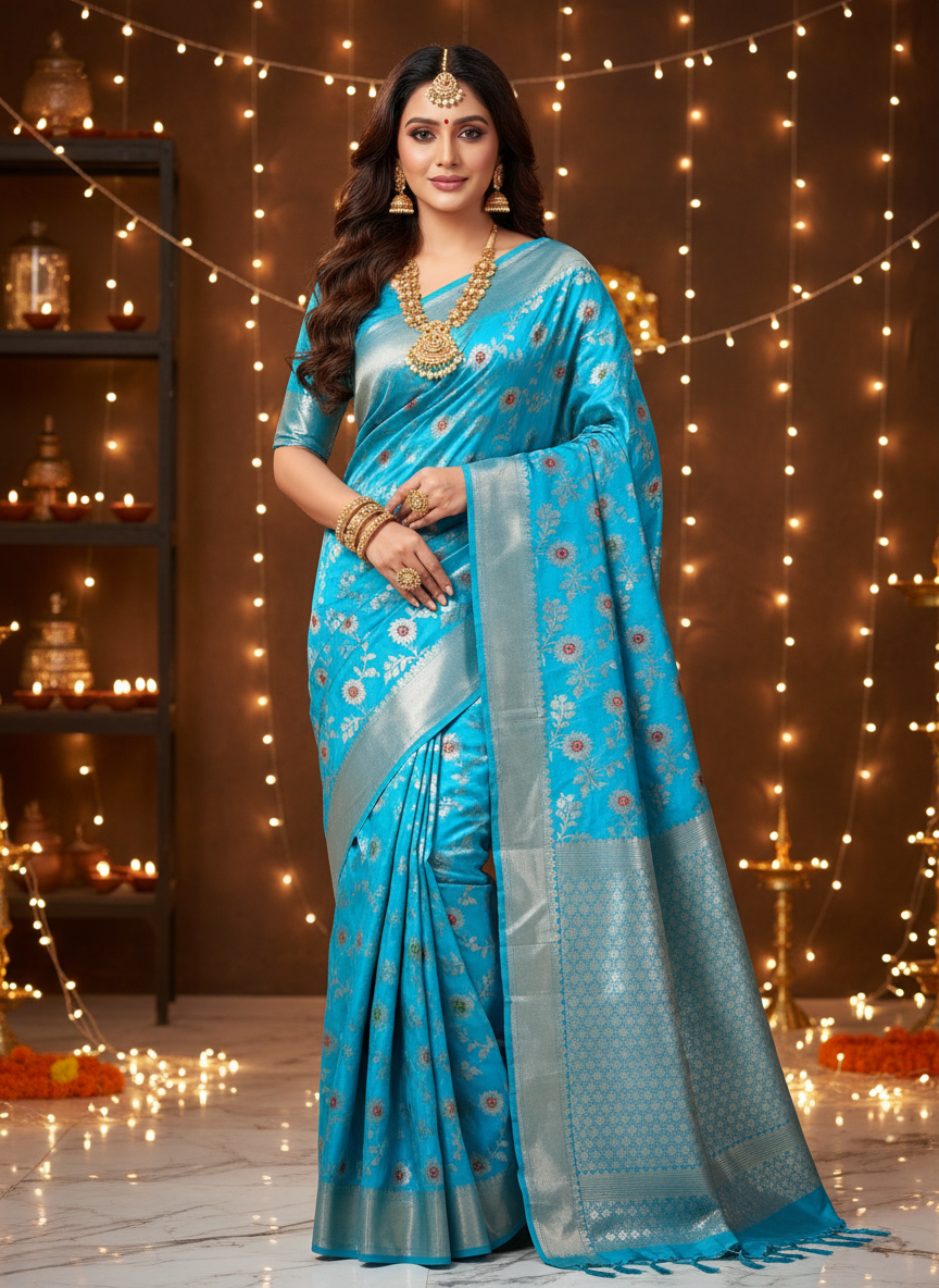 Banarasi Katan Dyeble Dupion Meenakari Jaal Silk Saree with Dual Zari Weaves-blue-model