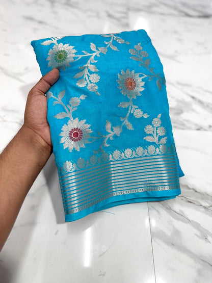 Banarasi Katan Dyeble Dupion Meenakari Jaal Silk Saree with Dual Zari Weaves-sky-saree