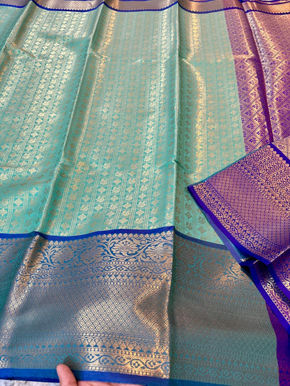 Banarasi Tissue Soft Silk Saree with Zari Border and Jacquard Fancy Blouse – Premium Quality-sea-blue