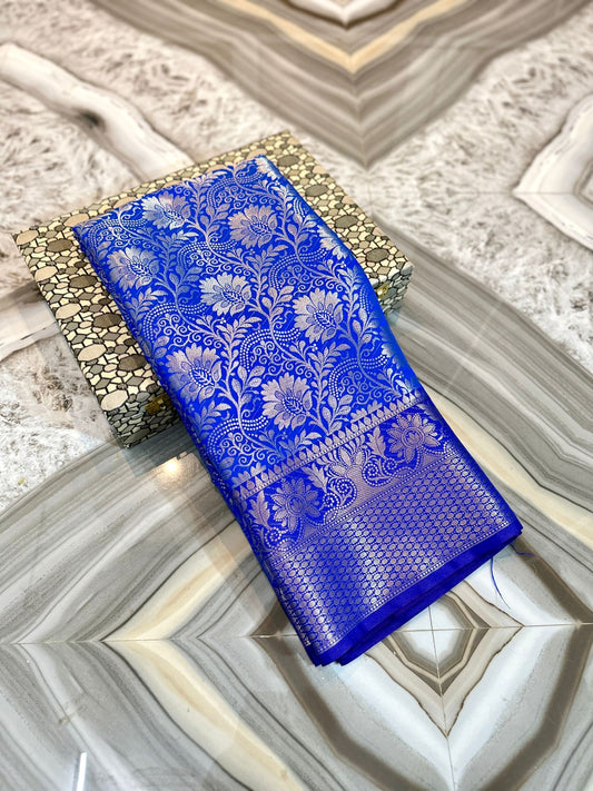 Banarasi Tissue Soft Silk Saree with Zari Border and Jacquard Fancy Blouse – Premium Quality by Rafia Fashions-Royal-Blue