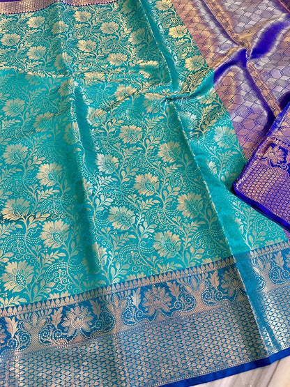 Banarasi Tissue Soft Silk Saree with Zari Border and Jacquard Fancy Blouse – Premium Quality by Rafia Fashions-ocean blue