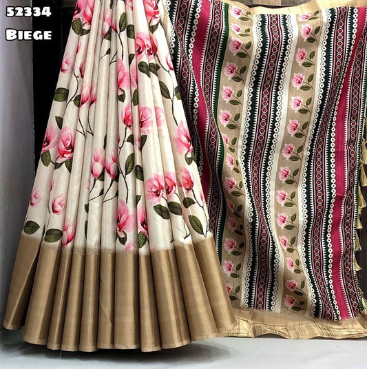 Handloom Tussar Silk Saree with Floral Digital Print & 9 Inch Zari Border-52334