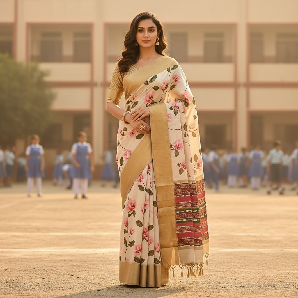 Woman in a floral saree standing in an outdoor setting with people in the background