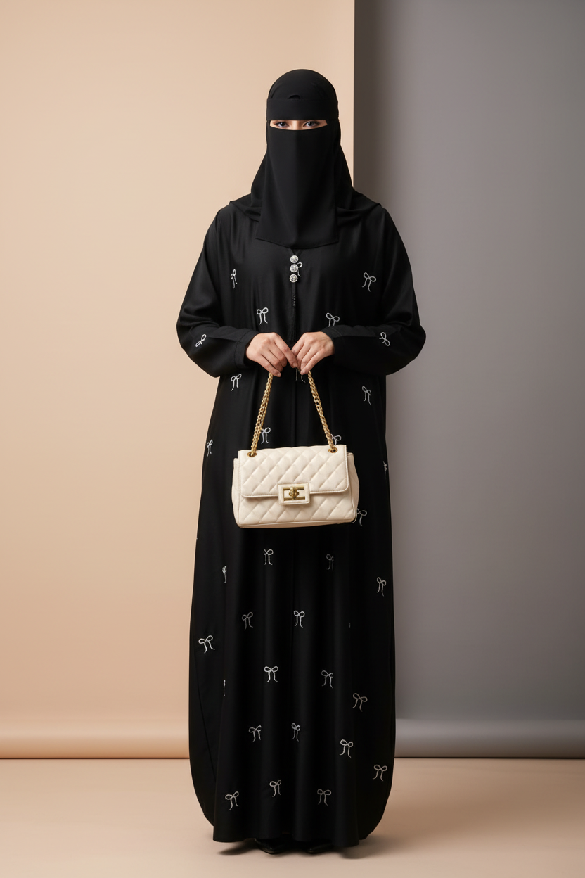 Black abaya with small bow embroidery design with hip belt