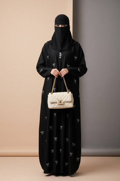 Black abaya with small bow embroidery design with hip belt