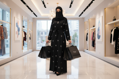 Black abaya with small bow embroidery design and a plain hip belt