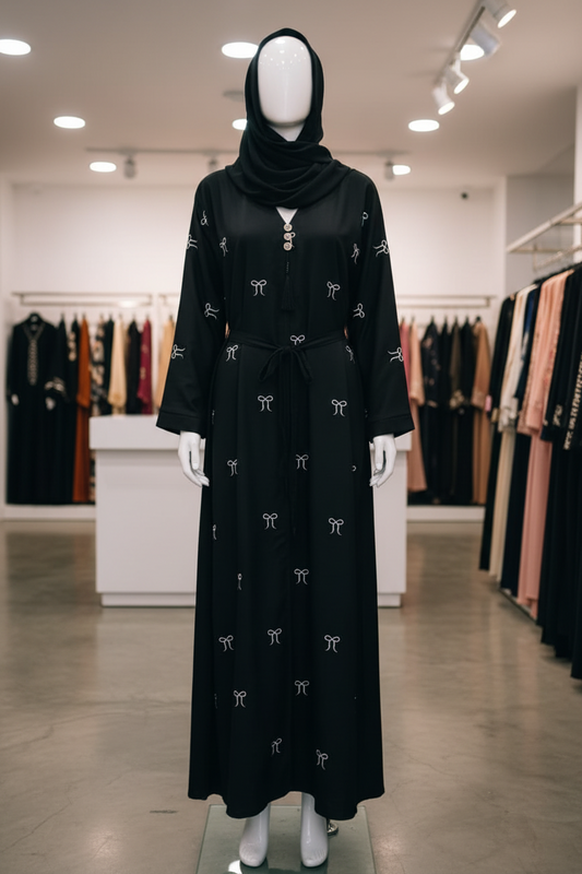 Black abaya with small bow embroidery design with a hip belt and button front detail
