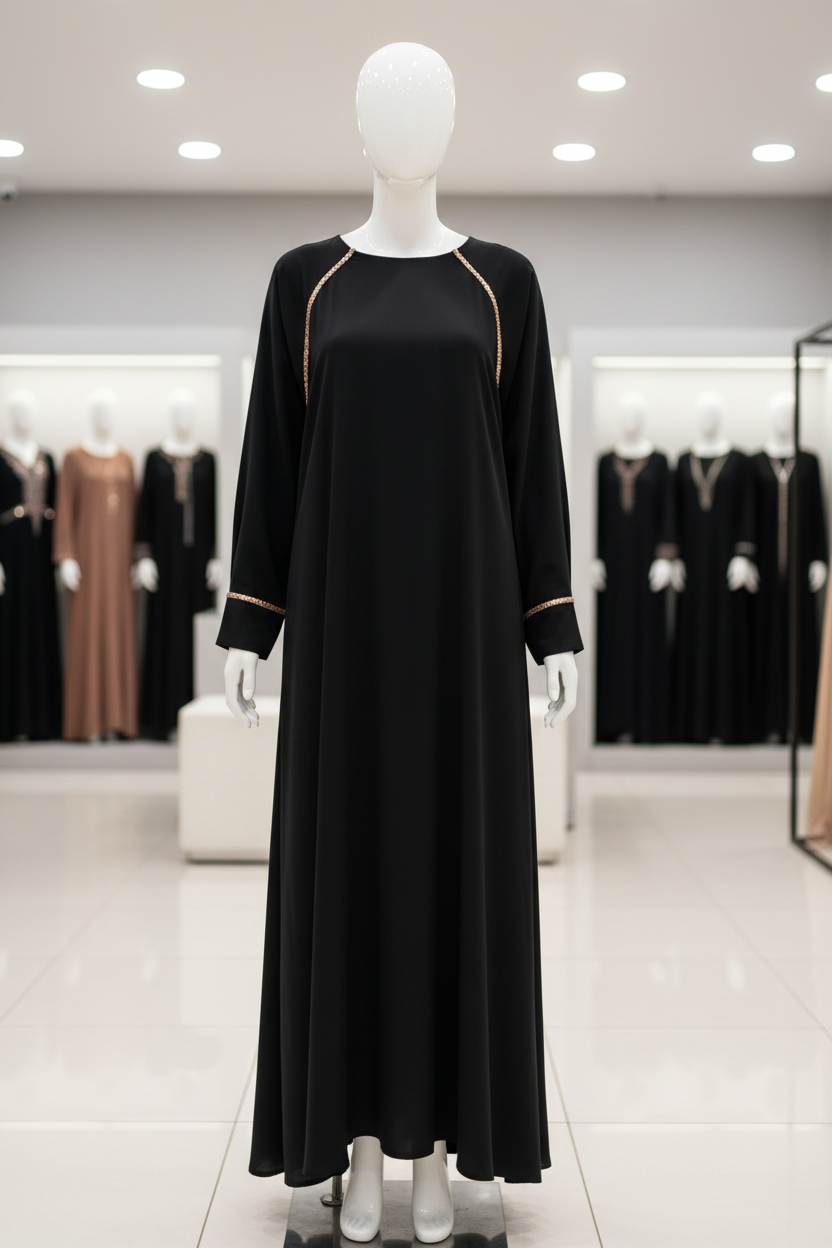 Black umbrella abaya with gold line design on shoulders and sleeves