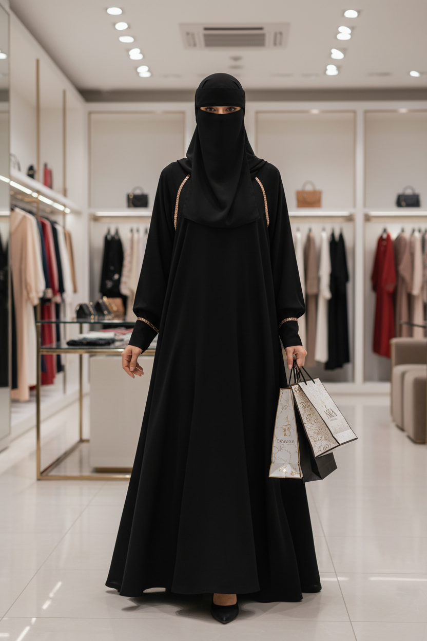 Black plain umbrella abaya with gold line design on shoulders, sleeve cuffs
