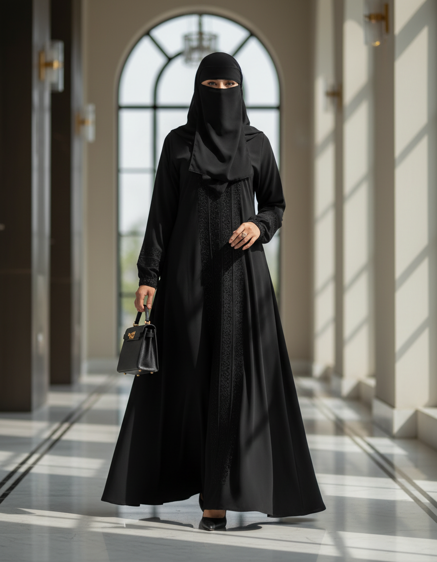 Blackberry Black Burqa with Elegant Stonework in Nida Fabric
- A black traditional burqa with stonework embellishments, displayed on a wooden surface with a plant background.