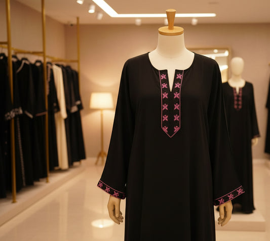 Black abaya with pink embroidery design on neckline and sleeve borders
