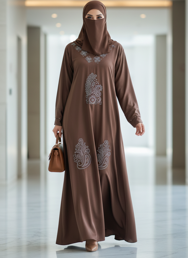 Woman wearing a brown abaya with intricate patterns in a modern building hallway.