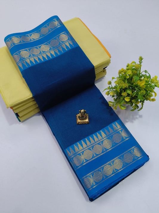 Pure 100 Count Chettinad Cotton Saree – Blue Border-No Blouse