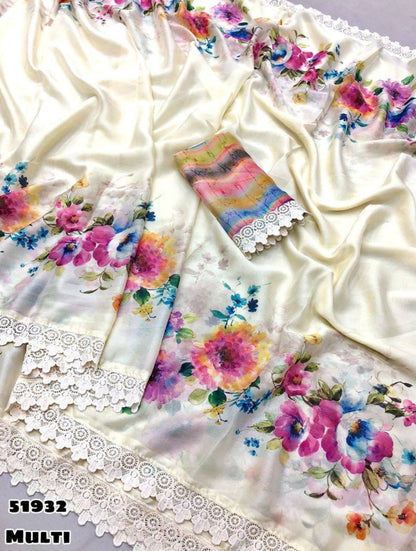 Chiffon Floral Digital Print Saree with Fancy Lace Border – Pink Multicolor (Code 51932)