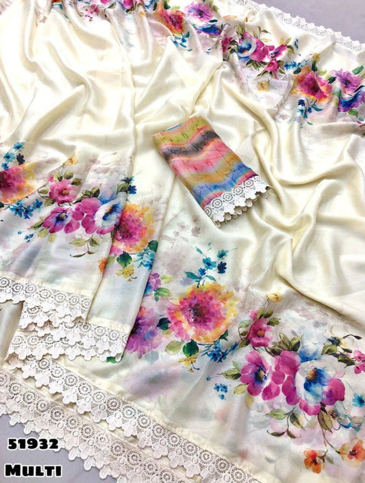 Chiffon Floral Digital Print Saree with Fancy Lace Border – Pink Multicolor (Code 51932)