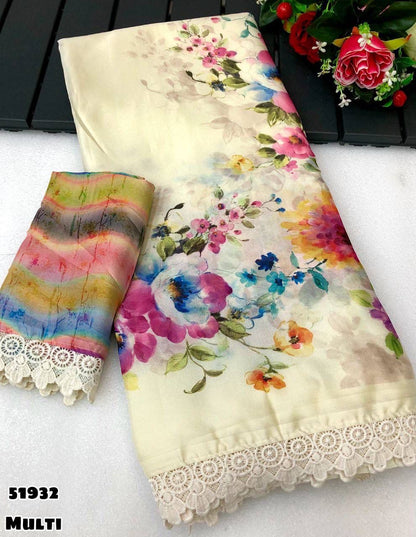 Elegant Pink Multicolor Chiffon Saree with Digital Floral Print & Lace Border – Rafia Fashions