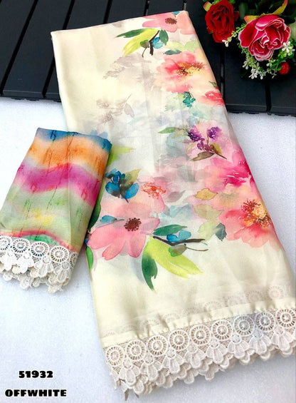 Stylish Red Multicolor Chiffon Saree with Floral Digital Print & Lace Border – Rafia Fashions