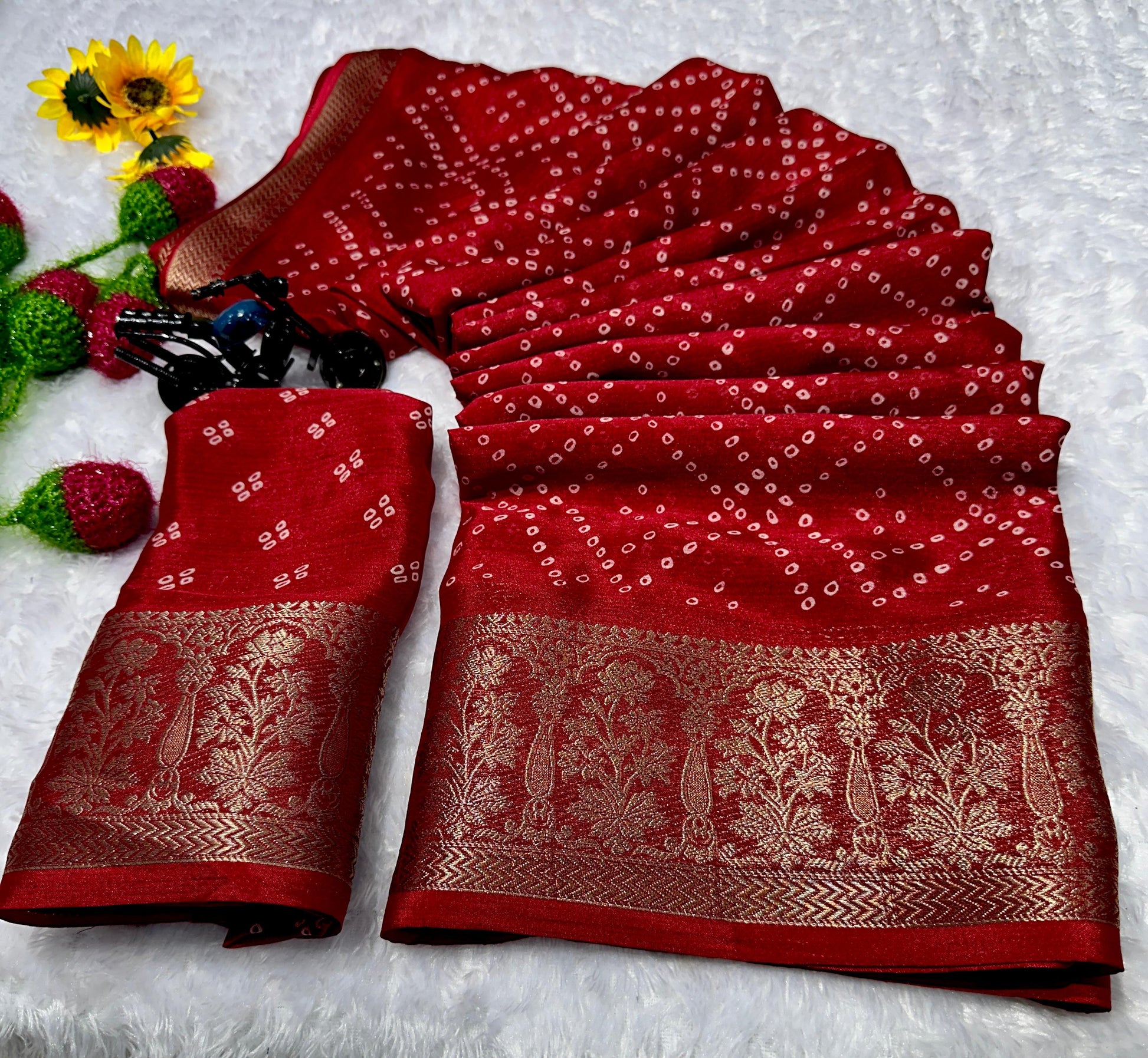 Soft chinnon saree blouse with matching weaving pattern