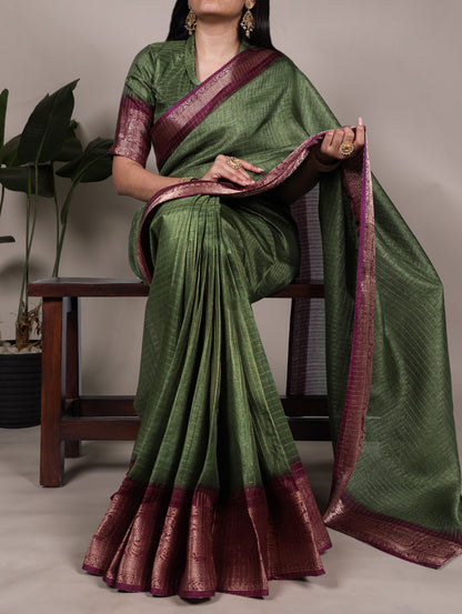 Dola Chex Saree with Zari Weaving and Borders-green with maroon border